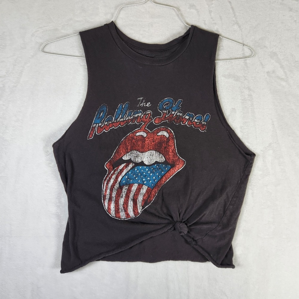 Rolling Stones Tank Top S Black Distressed Sleeveless Band Tee Knot Hem USA‎